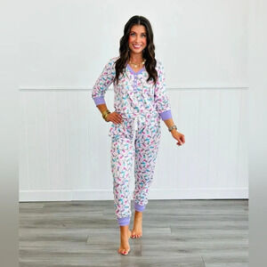 Shirley & Stone purple Christmas light pajama lounge set